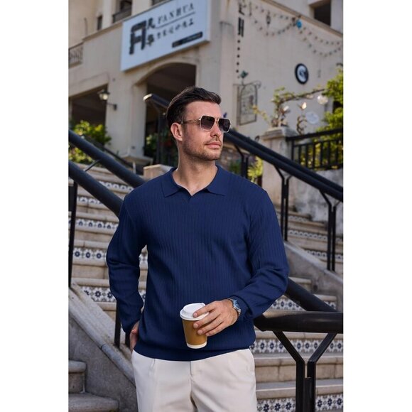 Mens Long Sleeve Knit Polo Shirt Lightweight Ribbed Polos Sweater Fall Winter Th - Picture 4 of 7